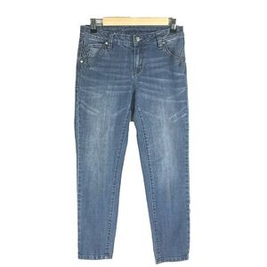 Cache Skinny Jeans 2 Blue Denim Gold Metallic Contrast Rhinestone Button Pant